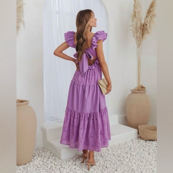 Flying Tomato Purple Eyelet Ruffle Maxi Dress Size Large Cottagecore Boho - Picture 2 of 12